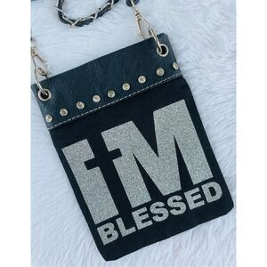 NWOT PG Collection Black Canvas Leather “I’m Blessed” Cell Phone Purse